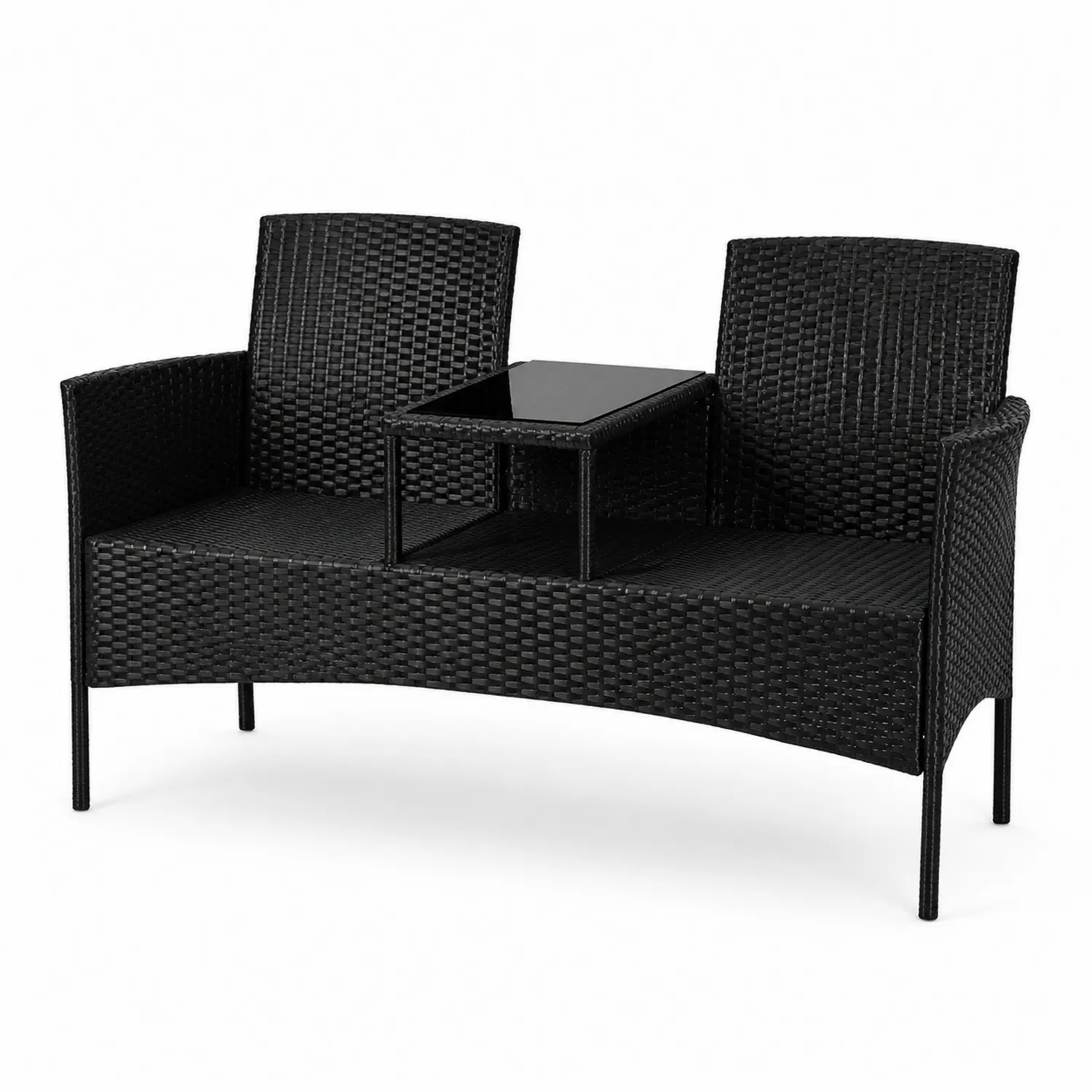 Panca da Giardino in Rattan con Tavolino in Vetro Temperato Nero