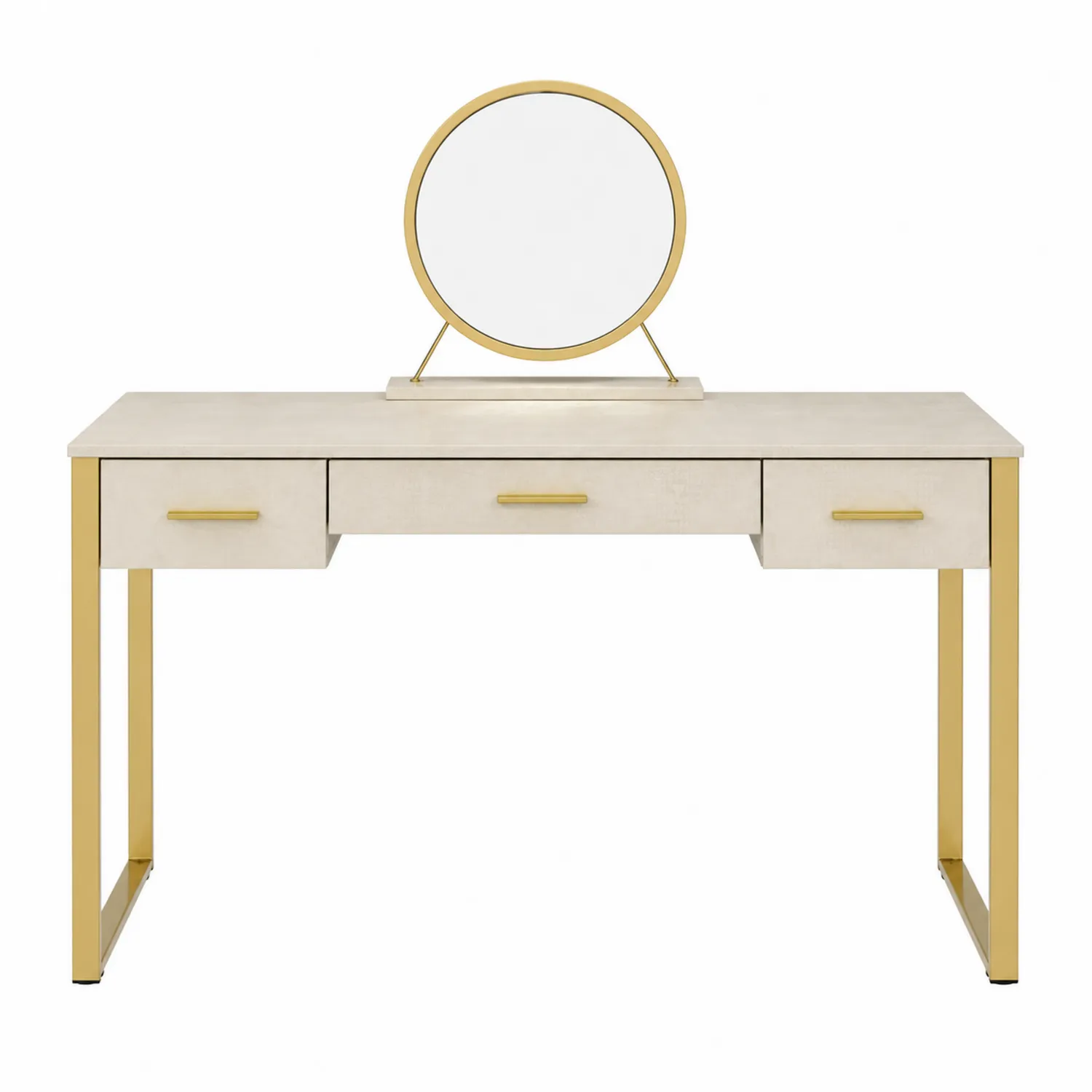 Tavolo da Toeletta con Specchio Rotondo in Legno e Metallo Beige