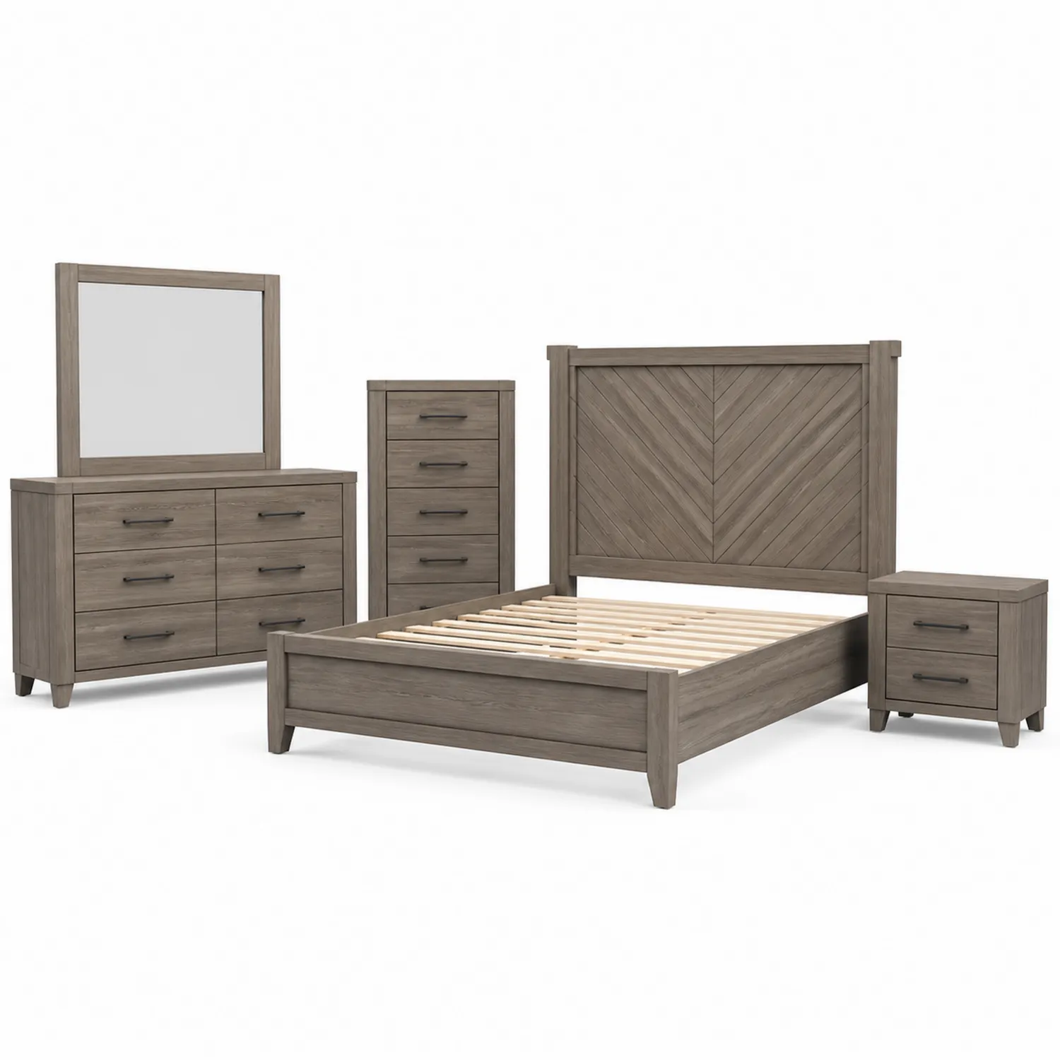Set Camera da Letto in Legno MDF Grigio con Letto, Comodino, Cassettiera, Comò e Specchio
