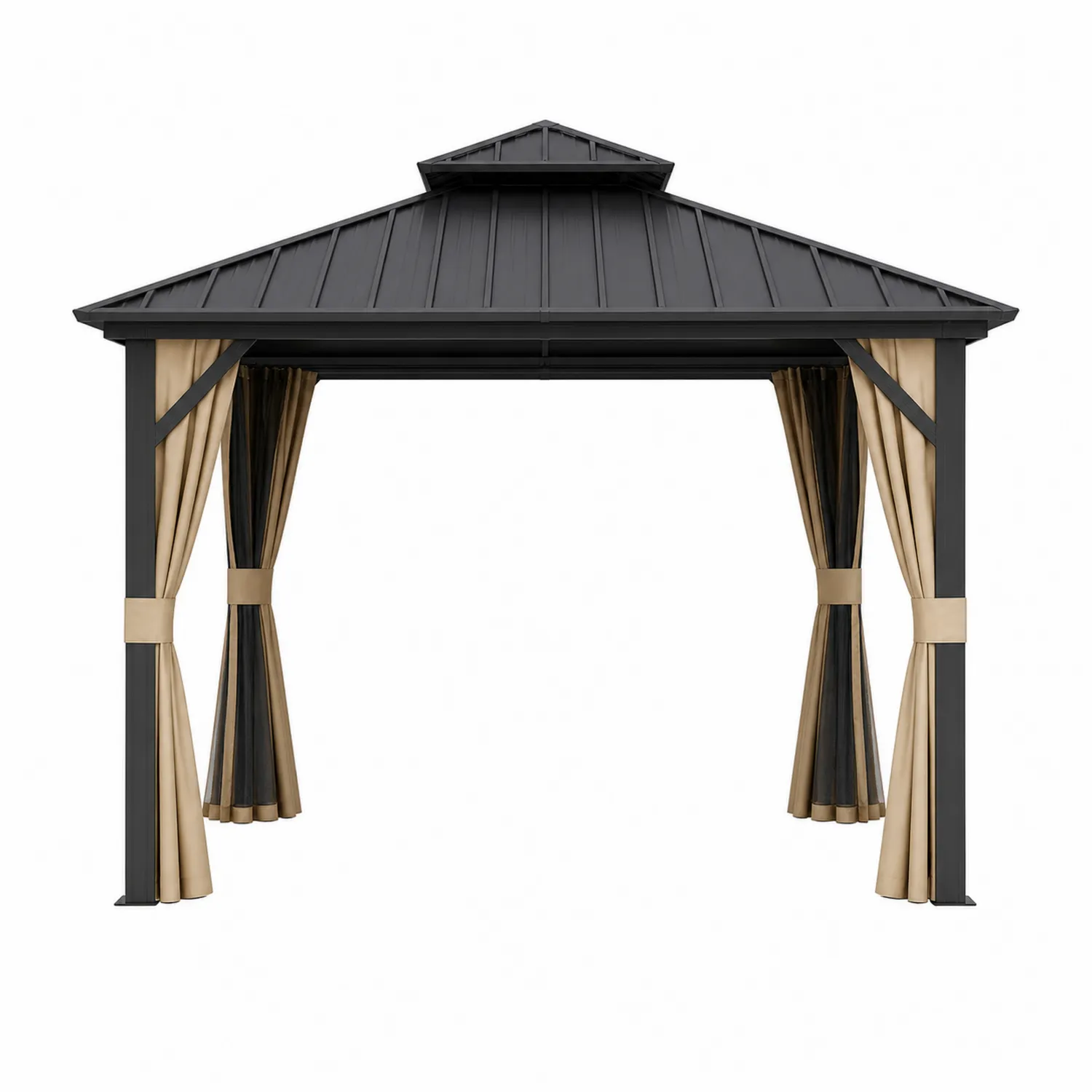 Gazebo da Giardino in Alluminio con Tetto in Metallo e Tende in Tessuto 300x400 cm Neri/Beige