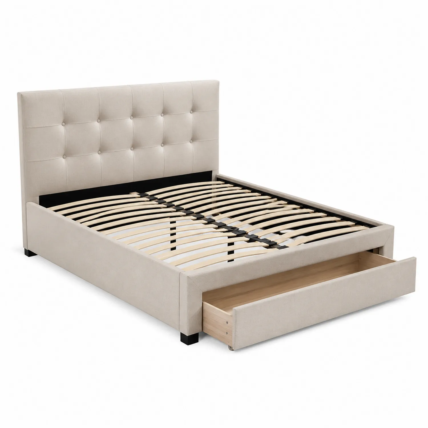 Letto Piattaforma in Tessuto Beige con Contenitore 160x200 cm