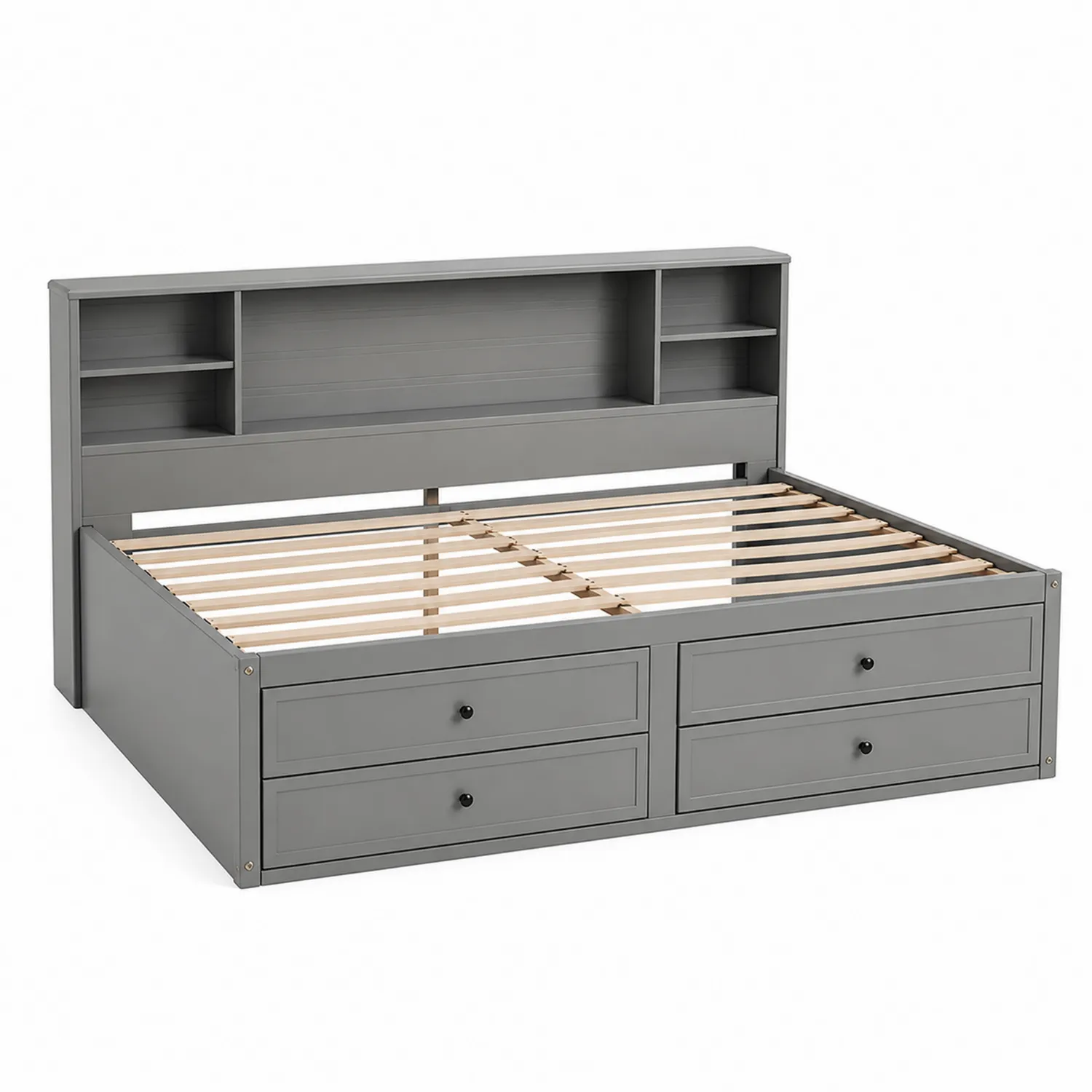 Letto Giornaliero in Legno Grigio con Libreria e Cassetti
