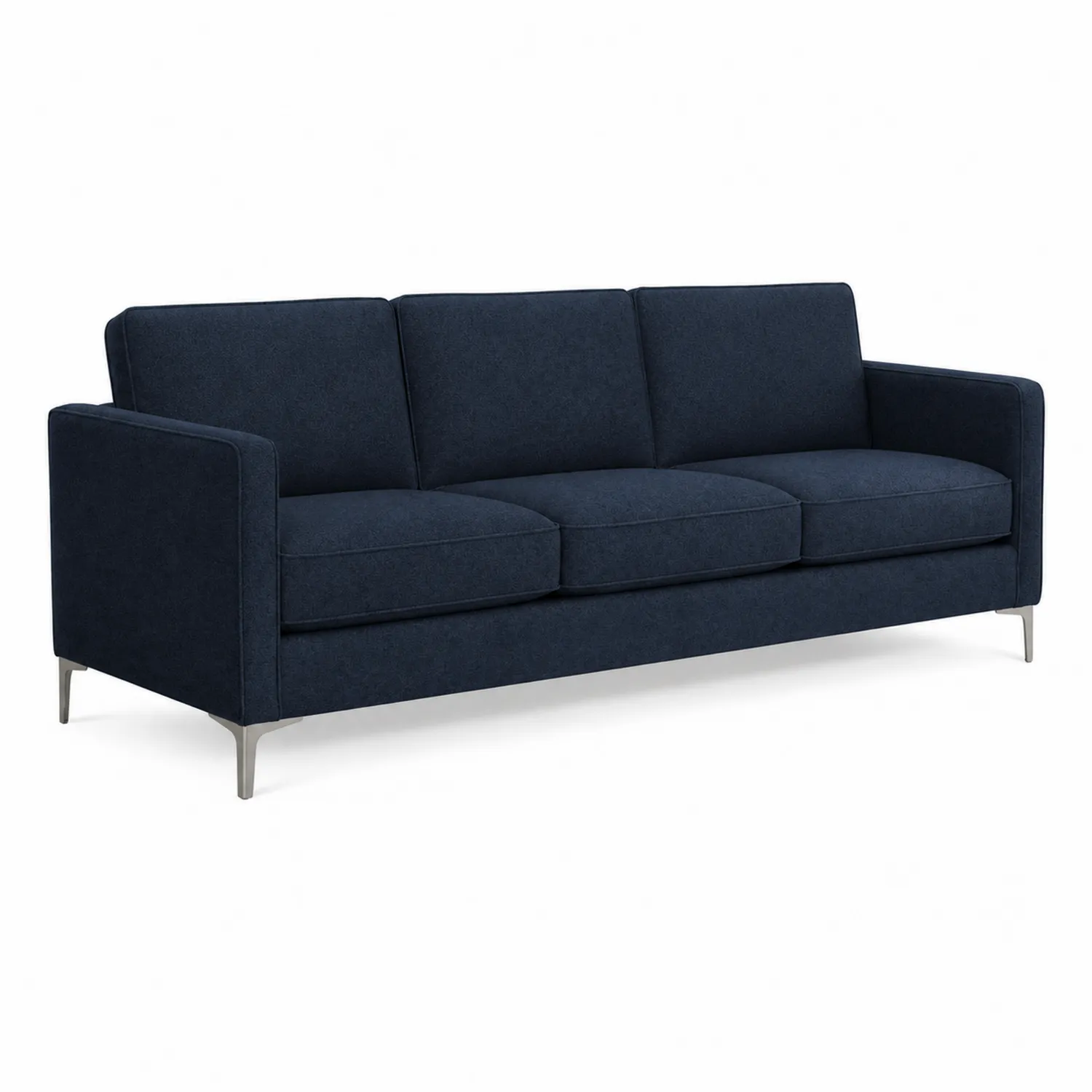 Divano a tre posti in tessuto blu con gambe in metallo
