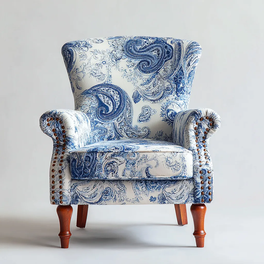Fauteuil en tissu imprimé 80x86x102 cm - Bleu et blanc - Style classique avec accoudoirs enveloppants-Roomupyard