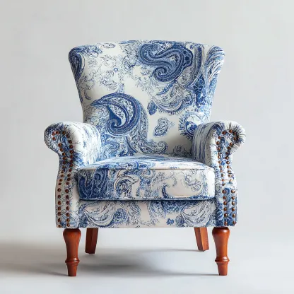 Fauteuil en tissu imprimé 80x86x102 cm - Bleu et blanc - Style classique avec accoudoirs enveloppants-Roomupyard