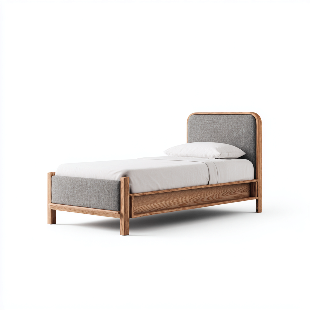 Lit simple en bois et tissu 200x90x95 cm - Bois naturel et gris clair - Style contemporain-Roomupyard