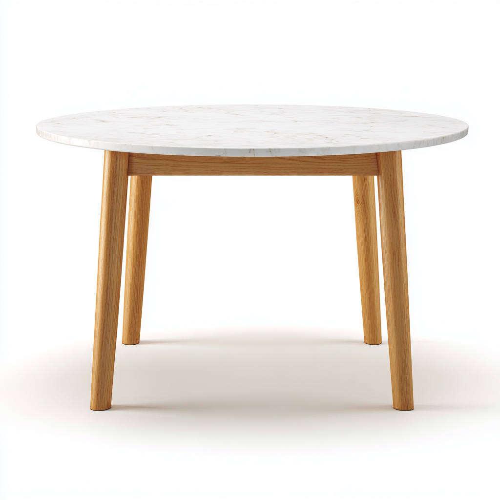 Table de jardin ronde en bois et plateau effet marbre 110x110x75 cm - Blanc-Naturel - Design contemporain pour extérieur-Roomupyard