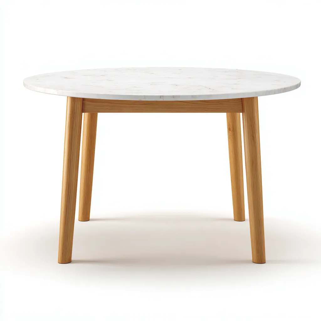 Table de jardin ronde en bois et plateau effet marbre 110x110x75 cm - Blanc-Naturel - Design contemporain pour extérieur-Roomupyard