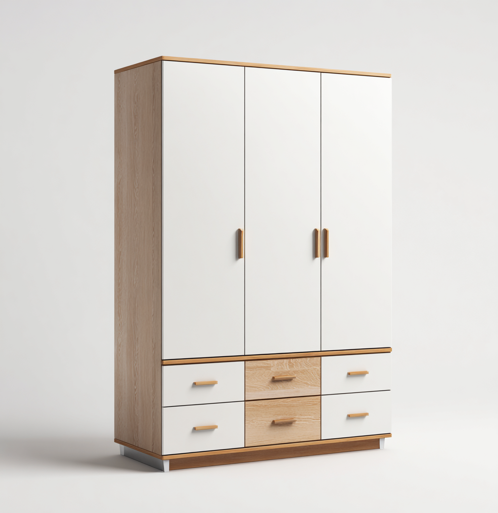 Armoire 3 portes en bois avec finition mate 150x55x200 cm - Blanc-Naturel - Style moderne pour chambre-Sofagohub
