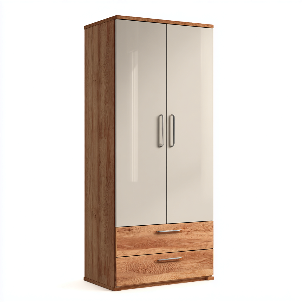 Armoire 2 portes en bois et finition brillante 90x50x200 cm - Blanc-Naturel - Design moderne pour chambre-Sofagohub