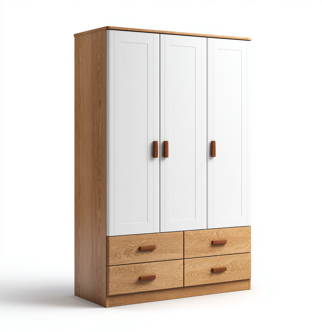 Armoire 3 portes en bois 150x55x180 cm - blanc-marron clair - style naturel pour chambre-Sofagohub