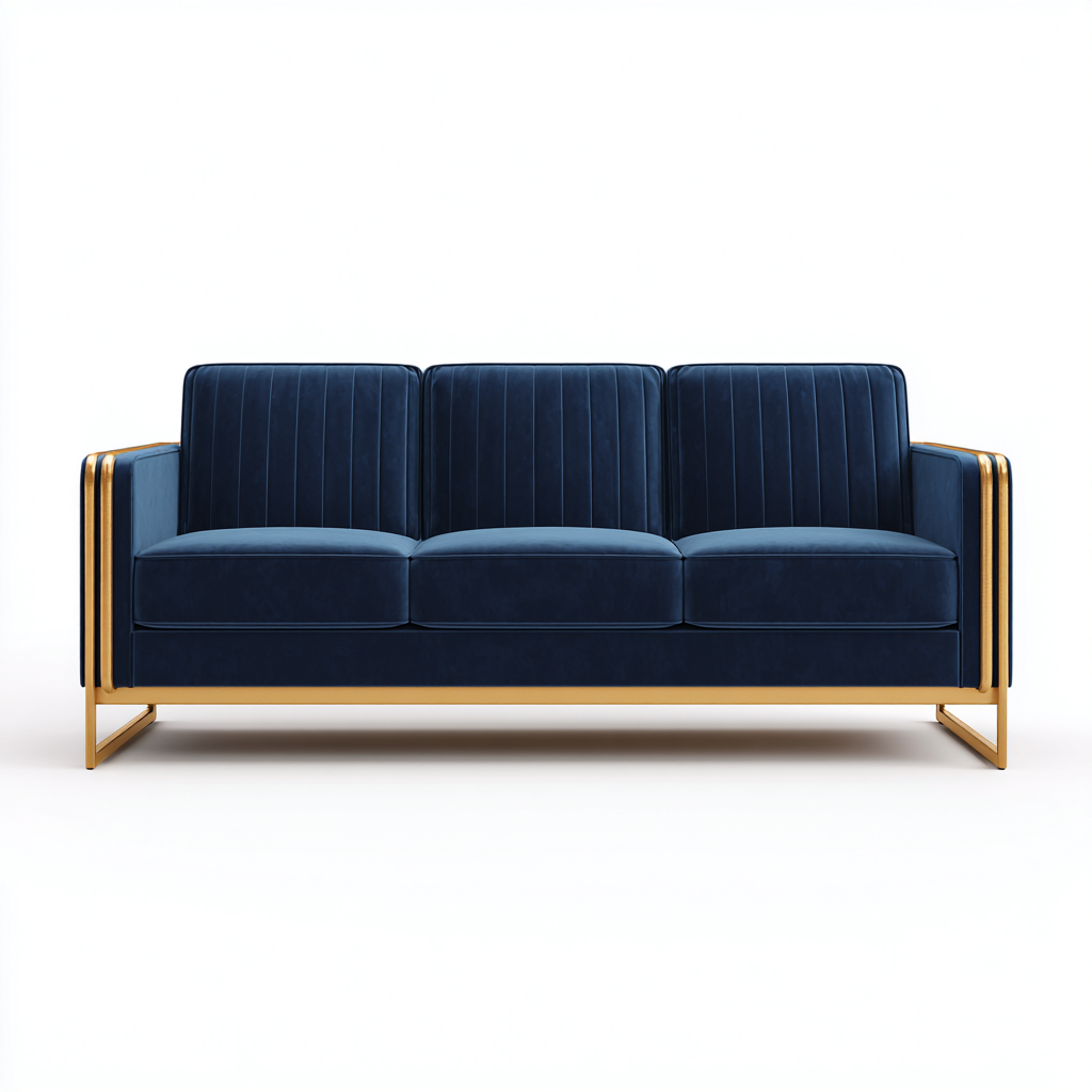 Canapé 3 places en tissu avec structure métallique 210x90x85 cm - Bleu marine-Doré - Design contemporain pour salon-Sofagohub