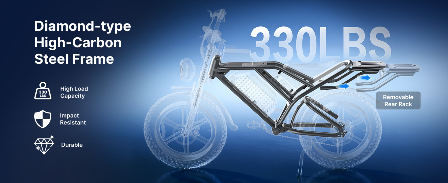 a diamond-type high-carbon steel frame (330LBS load, durable) with a removable rear rack.