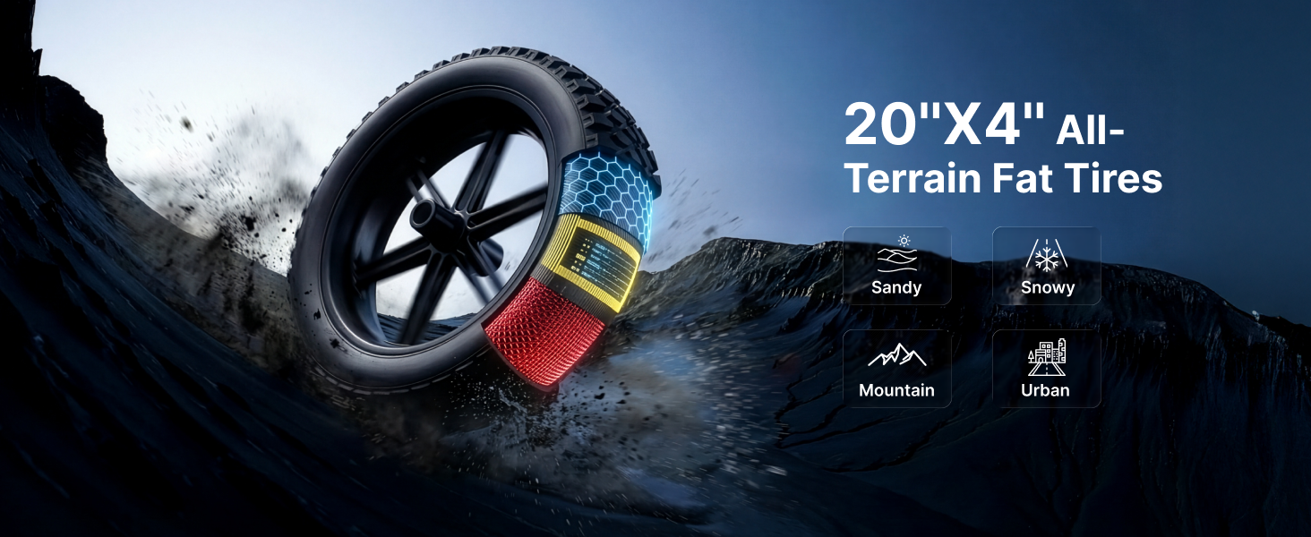 showcasing its suitability for sandy, snowy, mountain, and urban surfaces.