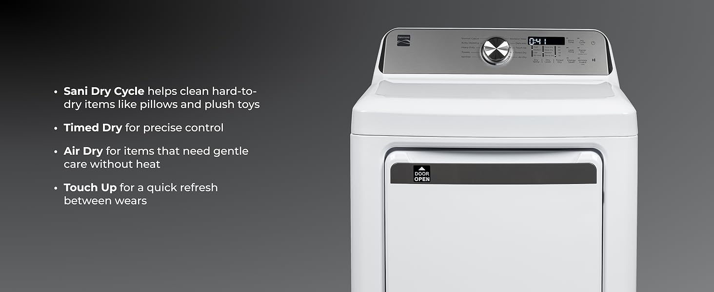 dry cycles, steam refresh, sanitize cycle, express, timed dry, and air dry