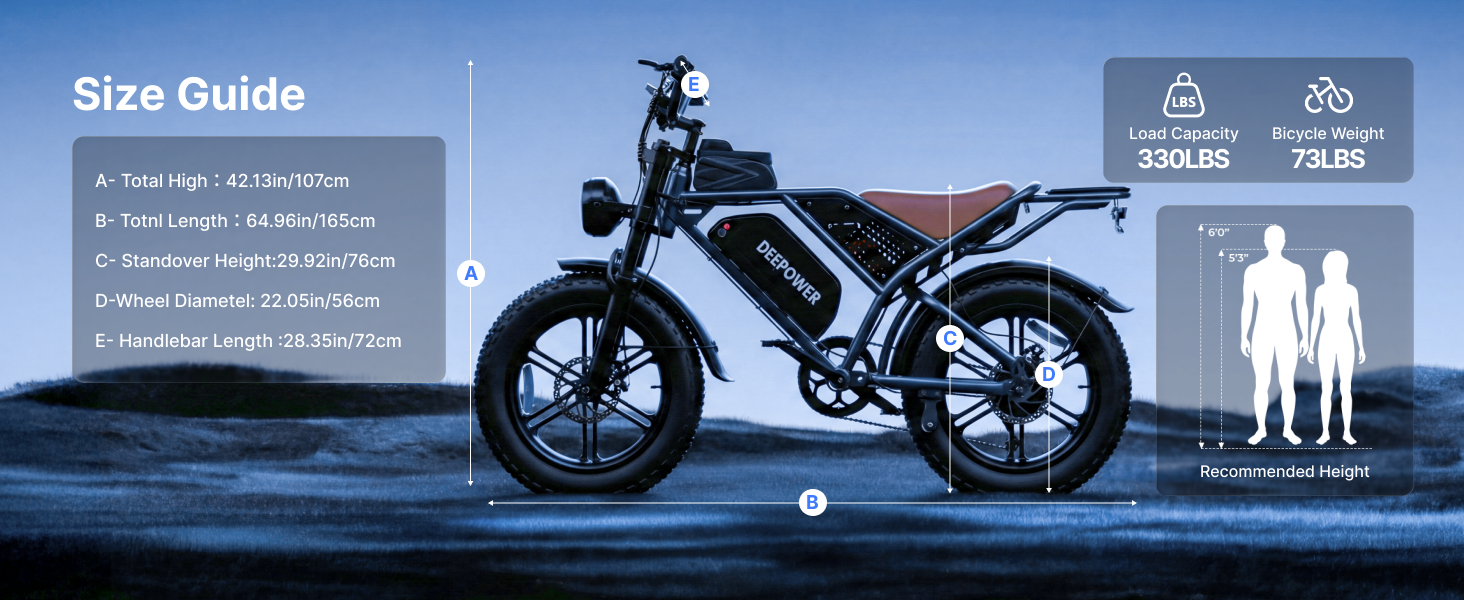 load capacity (330LBS), weight (73LBS), and recommended rider height