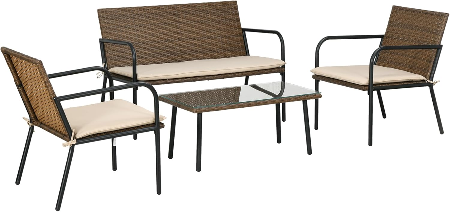 Conjunto de Jardín de Ratán Sintético 4 Piezas - 2 Sofás Individuales 1 Sofá de 2 Plazas y Mesa con Vidrio Templado - Muebles de Patio y Terraza Anti UV - Diseño Multicolor-Soviaialoft