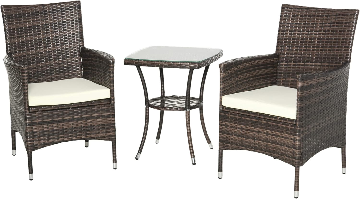 Conjunto de Muebles de Jardín de Ratán - 2 Sillones con Cojines y Mesa Auxiliar - Estructura Metálica para Terraza Patio y Balcón - Acabado Marrón Estilo Rústico-Soviaialoft