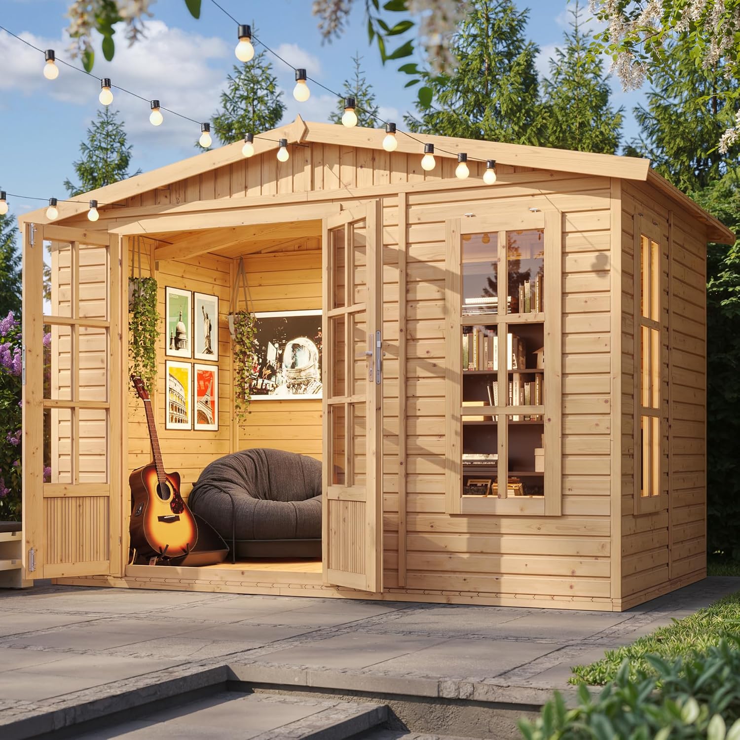 Caseta de Jardín de Madera 6 m2 con Suelo Ventana y Puerta Doble - 232x222x232 cm - Cobertizo Exterior para Trabajo y Almacenamiento-Soviaialoft
