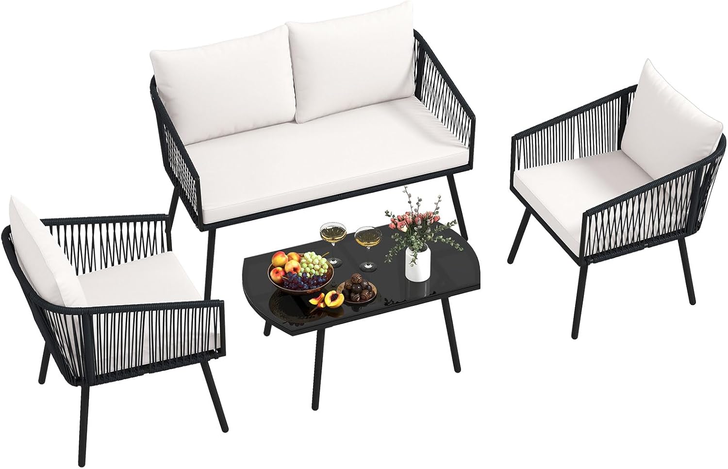 Conjunto de jardín COSTWAY 4 piezas - tejido de cuerda PE - sofá 2 plazas 2 sillas mesa de vidrio templado y cojines-Soviaialoft