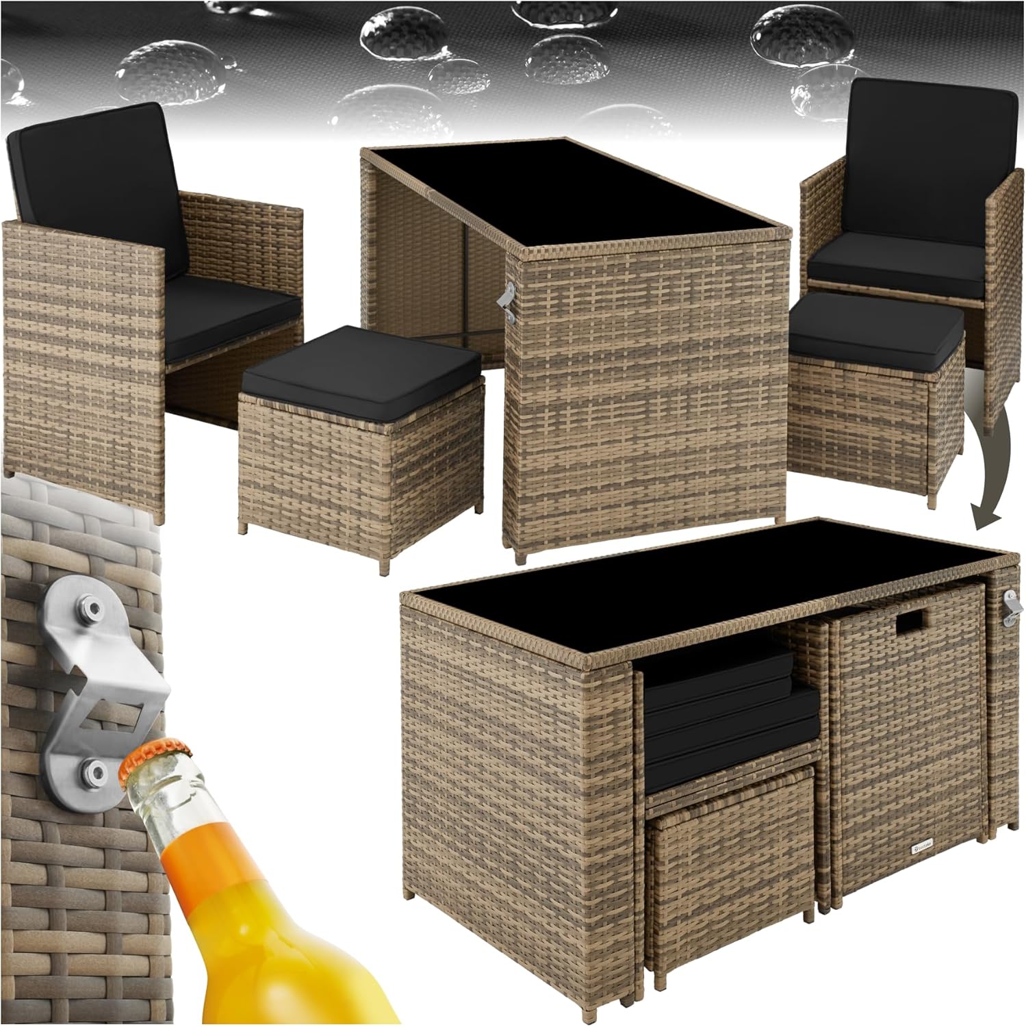 Conjunto de jardín TecTake ratán y acero - natural - 2 sillones plegables 2 taburetes mesa con cristal y abrebotellas-Soviaialoft