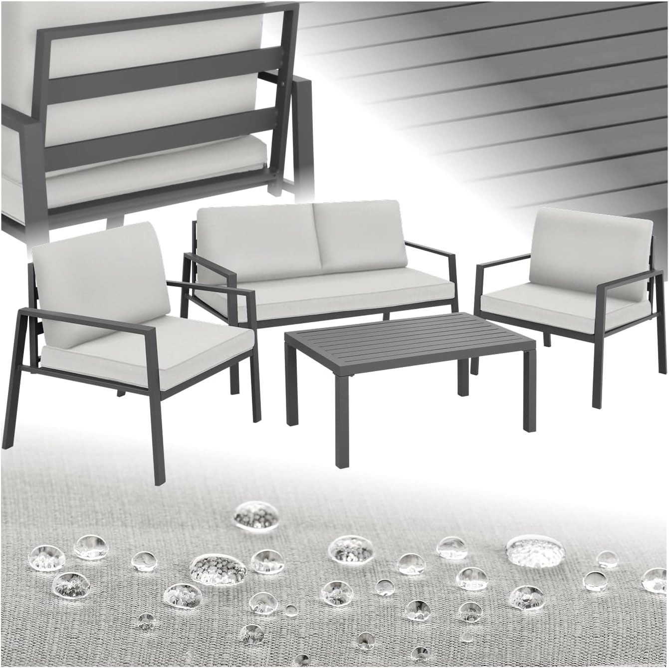 Conjunto de Muebles de Jardín 4 Piezas - Sofá Exterior con 2 Sillones y Mesa - Cojines Extragruesos - Estructura Resistente Impermeable - Color Gris Claro-Soviaialoft