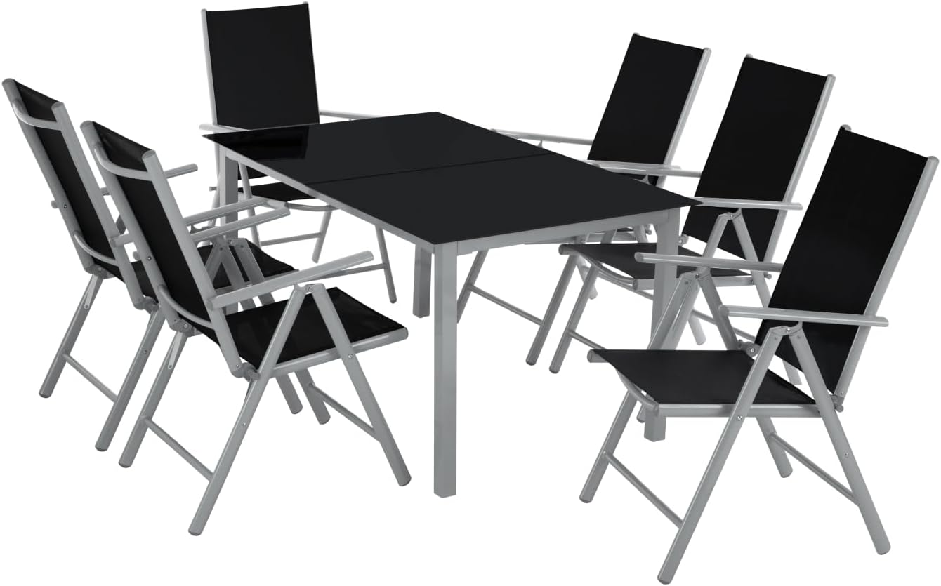 Conjunto de muebles de jardín TecTake 7 piezas - plata - mesa con vidrio de seguridad y sillas plegables reclinables-Soviaialoft