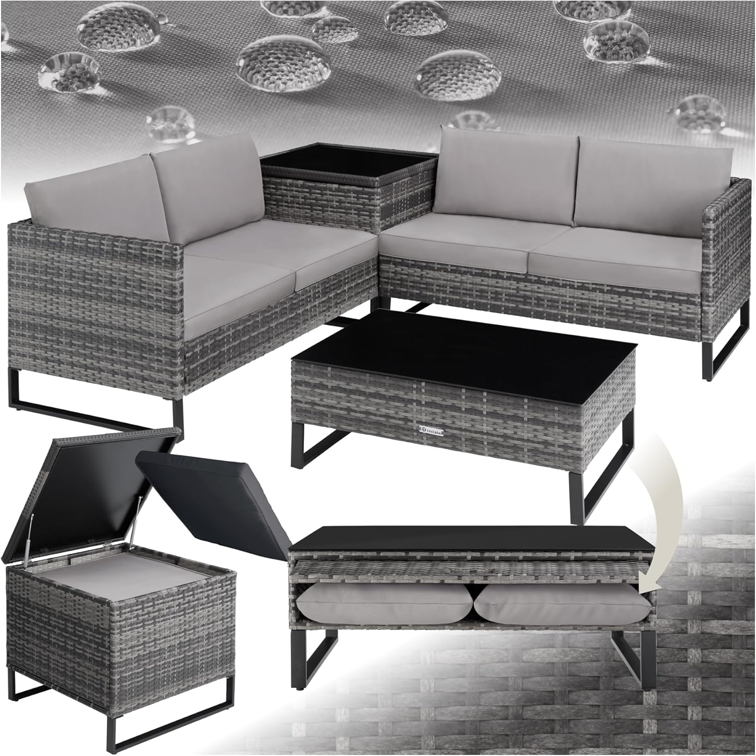 Conjunto de jardín TecTake de ratán - gris - 2 sofás mesa de cristal caja de almacenamiento y cojines gruesos-Soviaialoft