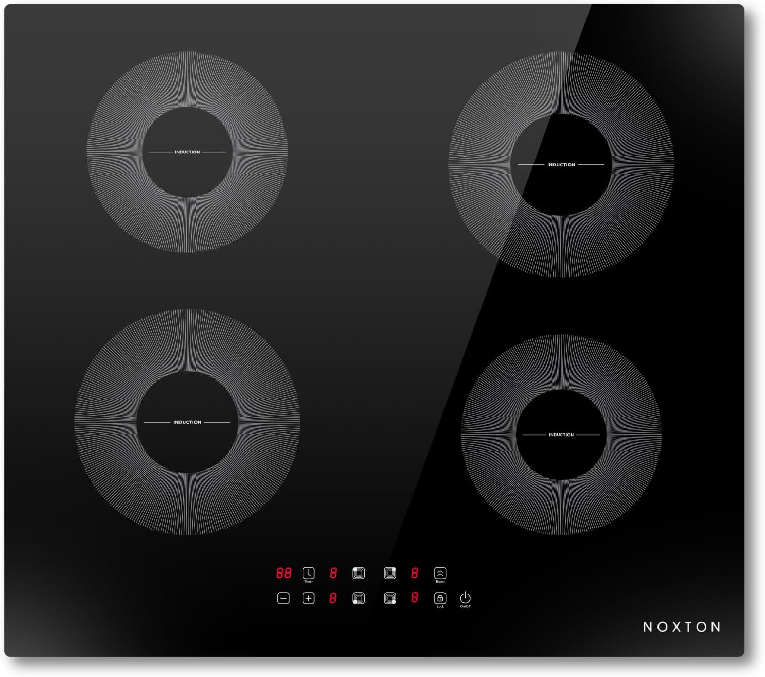 Placa de Inducción NOXTON 60 cm - 4 Zonas de Cocción - Función Boost - 9 Niveles de Potencia - Bloqueo Infantil - 7200W - Cristal Negro-Soviaialoft