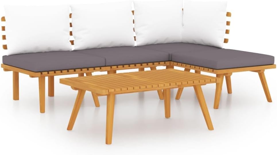 Muebles de jardín vidaXL 5 piezas - madera maciza de acacia marrón - esquina 2 centrales reposapiés mesa y cojines-Soviaialoft