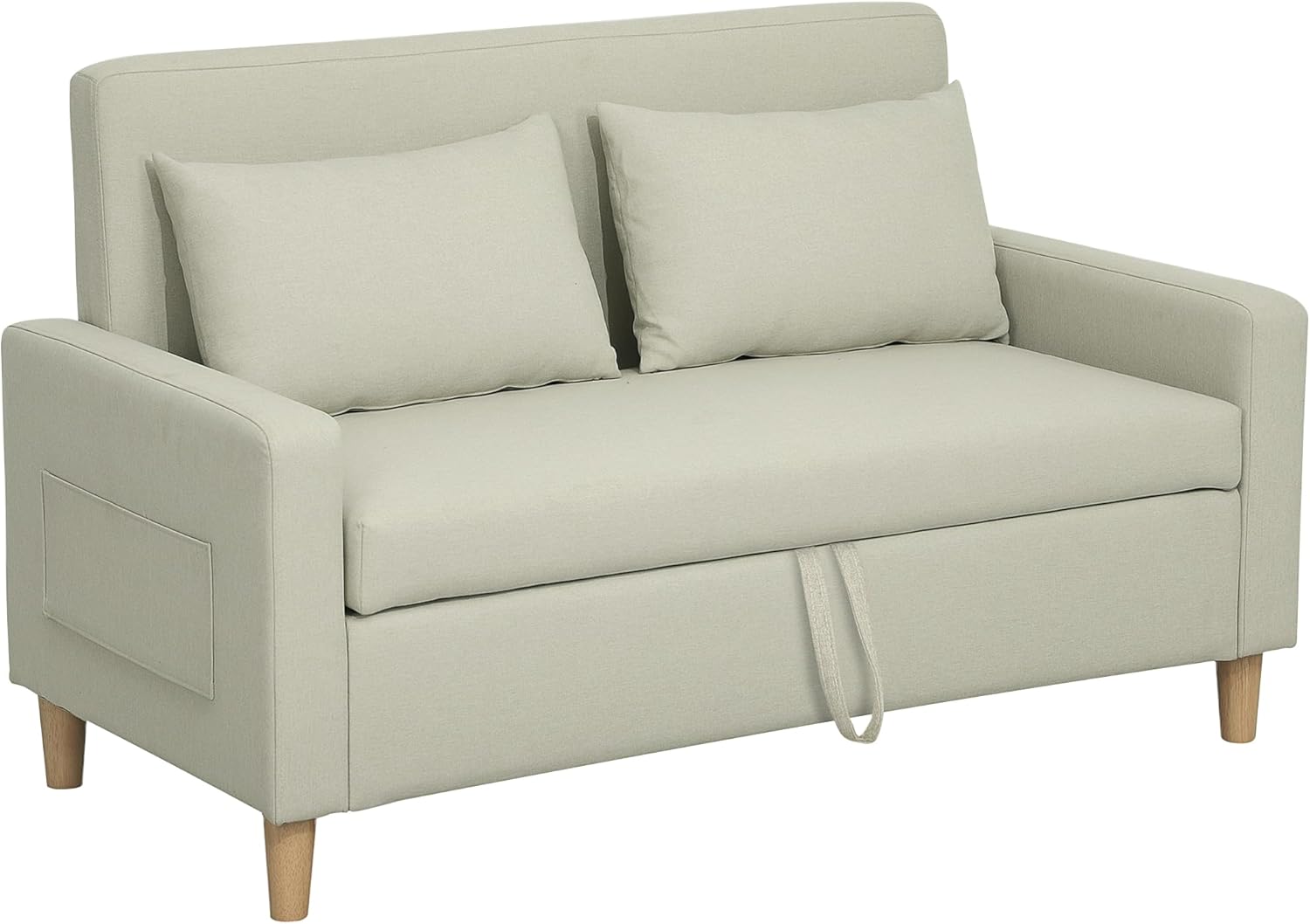 Sofá de 2 Plazas con Almacenamiento Oculto - Tapizado en Lino Sintético - 2 Almohadas y Bolsillo Lateral - Beige 135x72x84 cm-Soviaialoft
