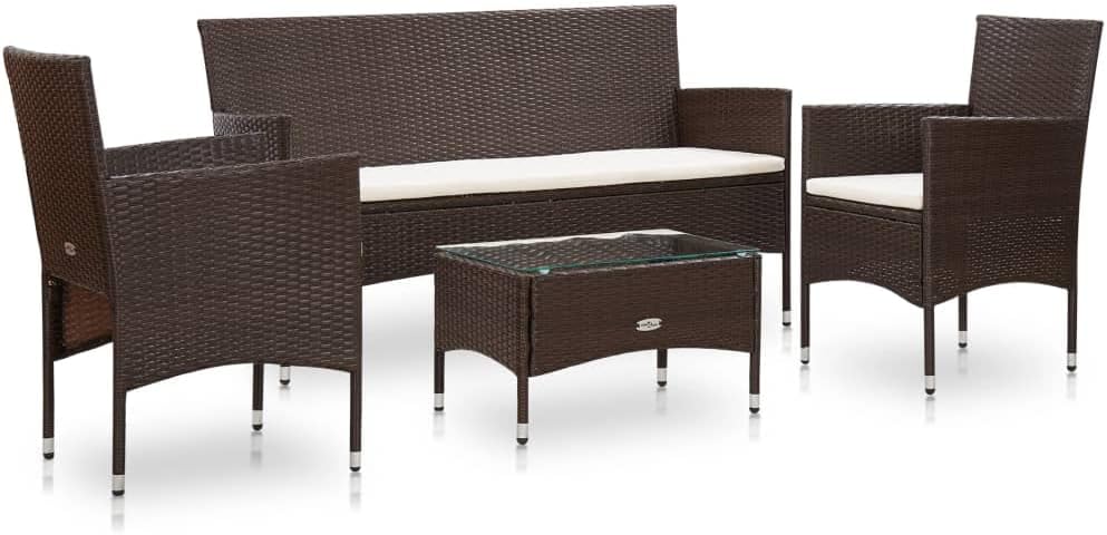 vidaXL Conjunto de Muebles de Jardín 4 Piezas con Cojines - Sofás y Mesa para Patio Terraza y Exterior - Ratán Sintético Marrón de Estilo Elegante-Soviaialoft