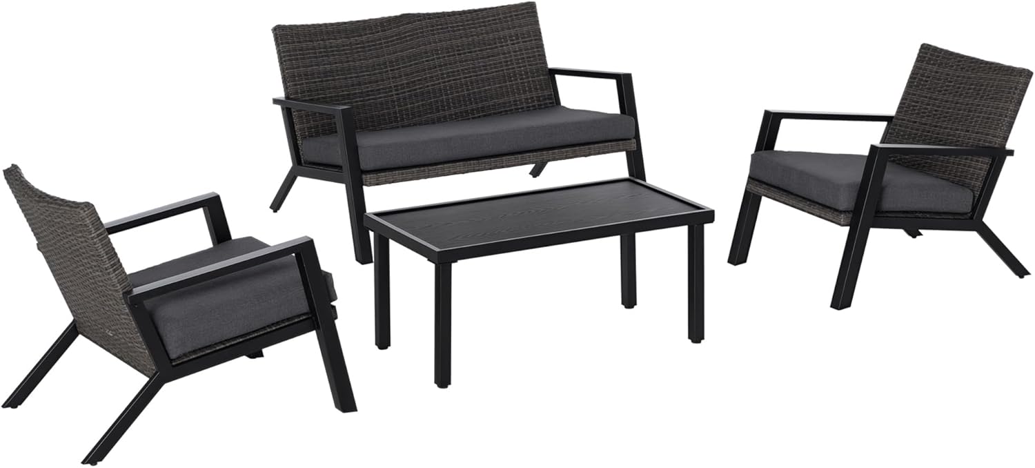 Conjunto de muebles de jardín Outsunny ratán 4 piezas - negro - sofá 2 plazas sofás individuales y mesa de centro-Soviaialoft