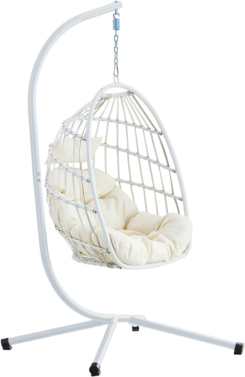 Silla Huevo Colgante con Soporte Giratorio para Jardín y Terraza - Hamaca Suspendida Blanca con Capacidad de Carga hasta 150 kg-Soviaialoft