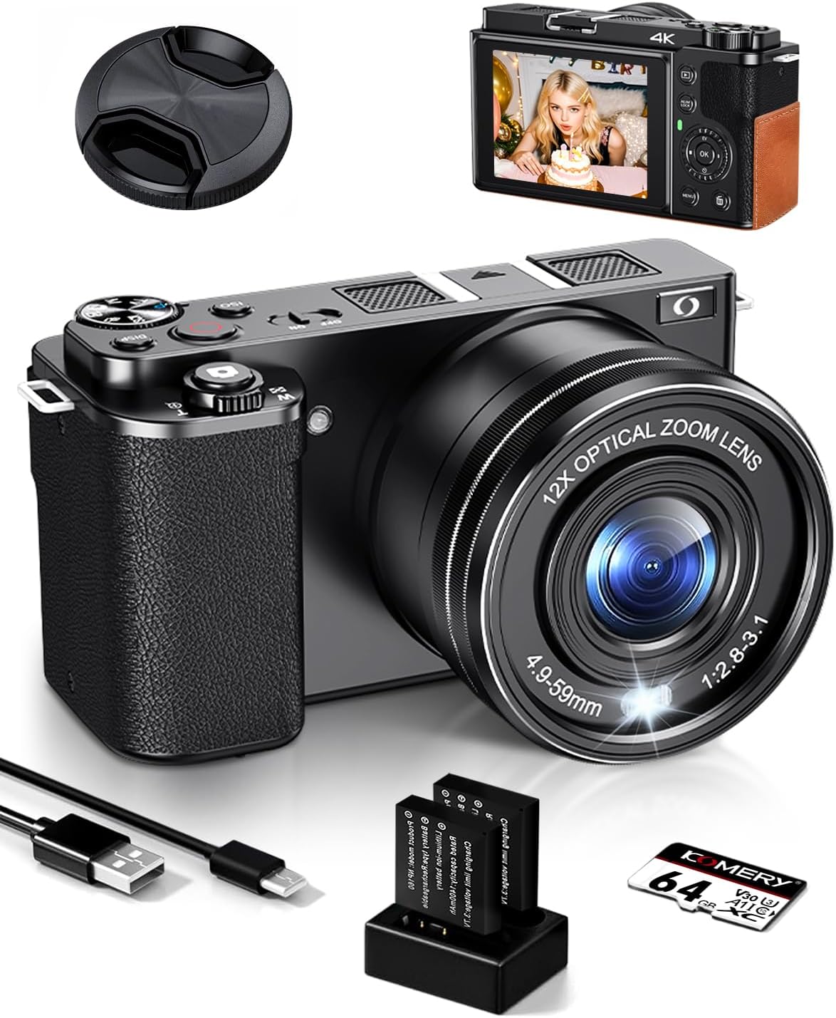 Cámara Digital 4K Ade 64 MP - Zoom Óptico 12x - Pantalla 2.8 Pulgadas - WiFi HDMI - Tarjeta 64 GB Incluida - Cámara Compacta para Fotografía y Vídeo Color Negro-Soviaialoft