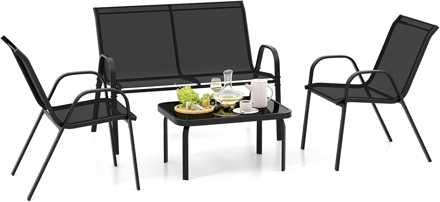 Juego de muebles exterior FANTASK 4 piezas - negro - 2 sillas banco y mesa para balcón y terraza-Soviaialoft