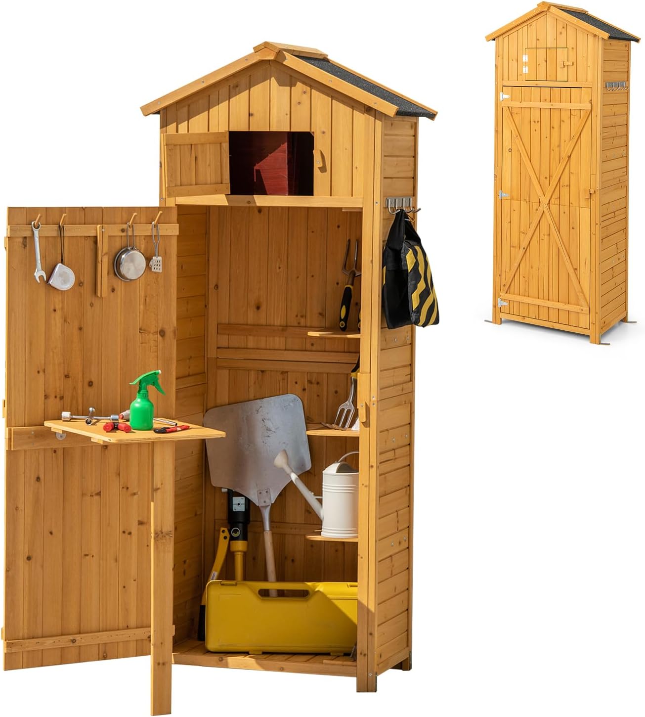 Armario de Jardín de Madera para Herramientas con Mesa Plegable - 75x50x180,5 cm - Cobertizo Exterior Resistente a la Intemperie con Techo a Dos Aguas-Soviaialoft