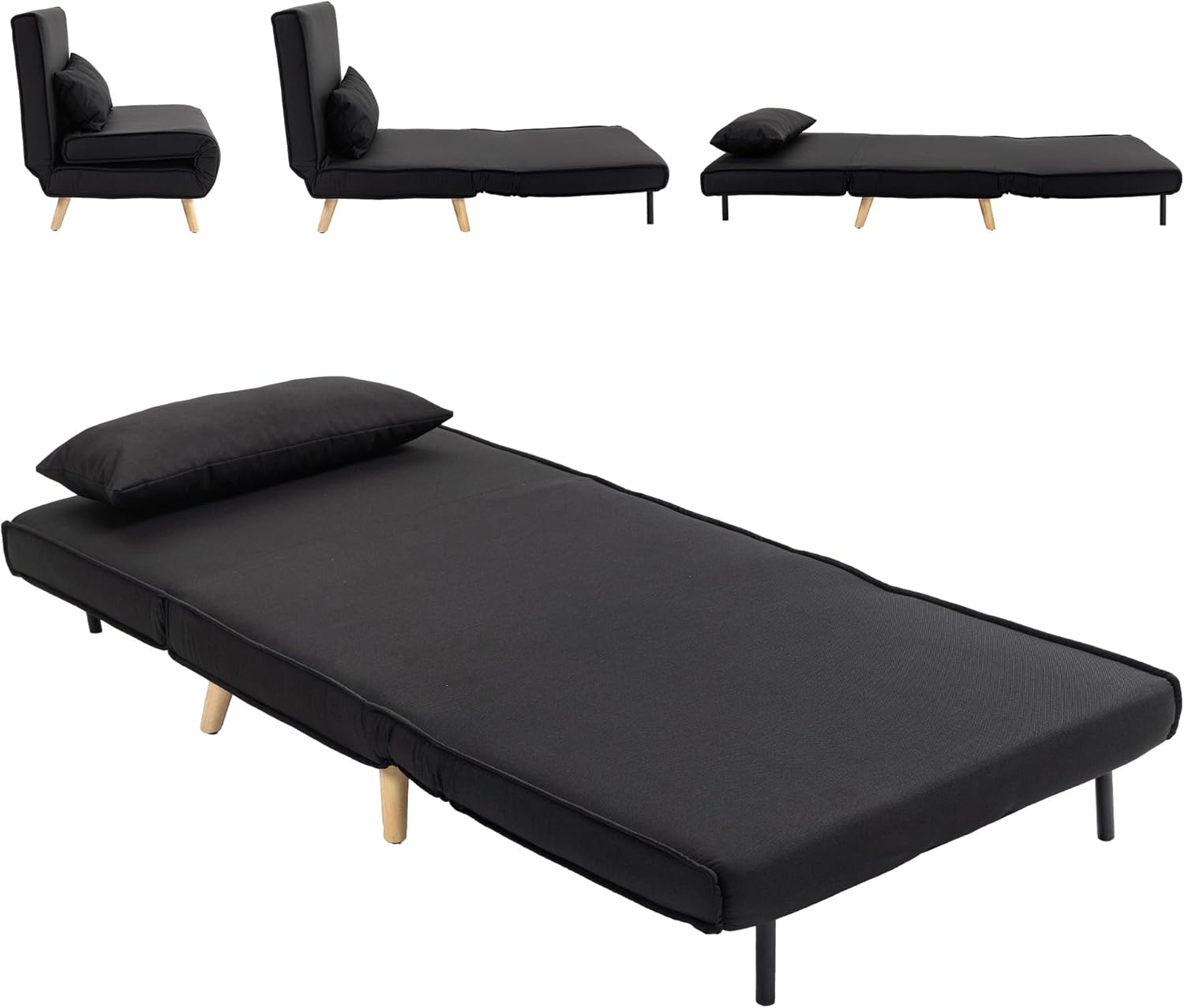 Sillón Cama Individual 3 en 1 - Respaldo Ajustable en 6 Posiciones - Asiento Amplio con Almohada - Negro 94x78x80 cm-Soviaialoft