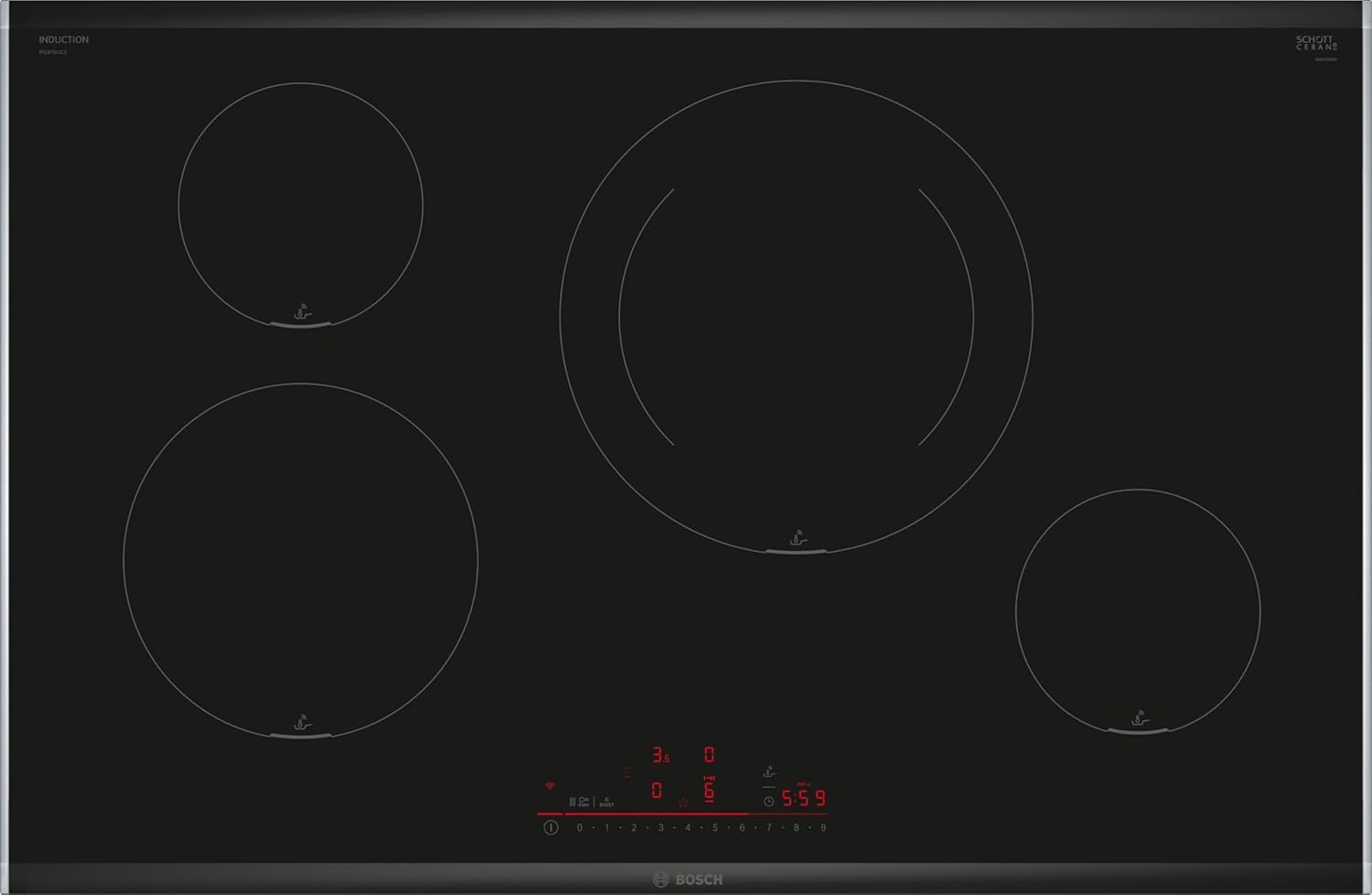 Placa de inducción Bosch PIE875HC1E Serie 6 - 80 cm - 4 zonas PerfectFry Plus Home Connect negra-Soviaialoft