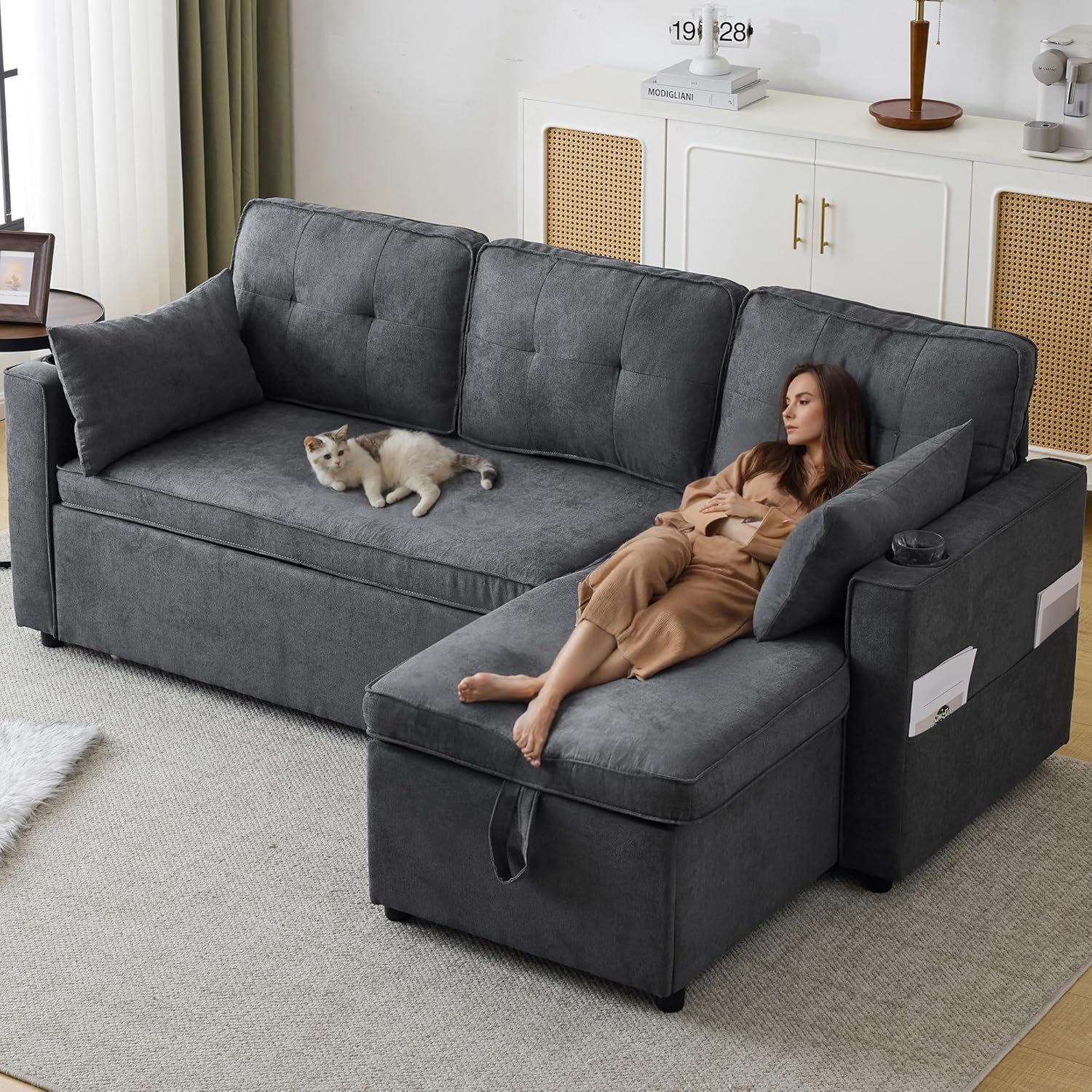 Sofá Cama en Forma de L de 3 Plazas - Chaise Longue Reversible - Portavasos Integrados y Bolsillo Lateral - Gris 211x130x86 cm-Soviaialoft