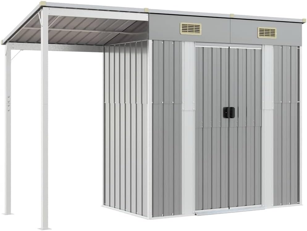 Caseta de Jardín vidaXL con Techo Extensible 277 x 107 x 181 cm - Cobertizo Exterior de Acero Galvanizado para Herramientas Equipos y Almacenamiento Color Gris Claro-Soviaialoft