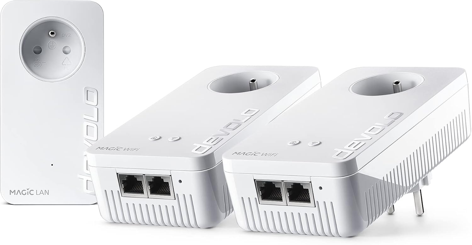 devolo Magic 2 WiFi 6 Kit PLC Mesh Multihabitación con 3 Adaptadores - WiFi 6 AX hasta 2400 Mbps - 5 Puertos Gigabit Ethernet - Sistema Mesh para Teletrabajo Streaming y Hogar Inteligente-Soviaialoft