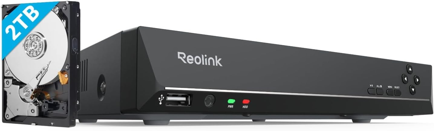 Sistema NVR PoE Reolink 8 Canales 4K - Grabador de Vídeo en Red con Disco Duro de 2 TB - Compatible con Cámaras IP 16MP 12MP 8MP 5MP y 4MP - Grabación Continua 24 Horas-Soviaialoft