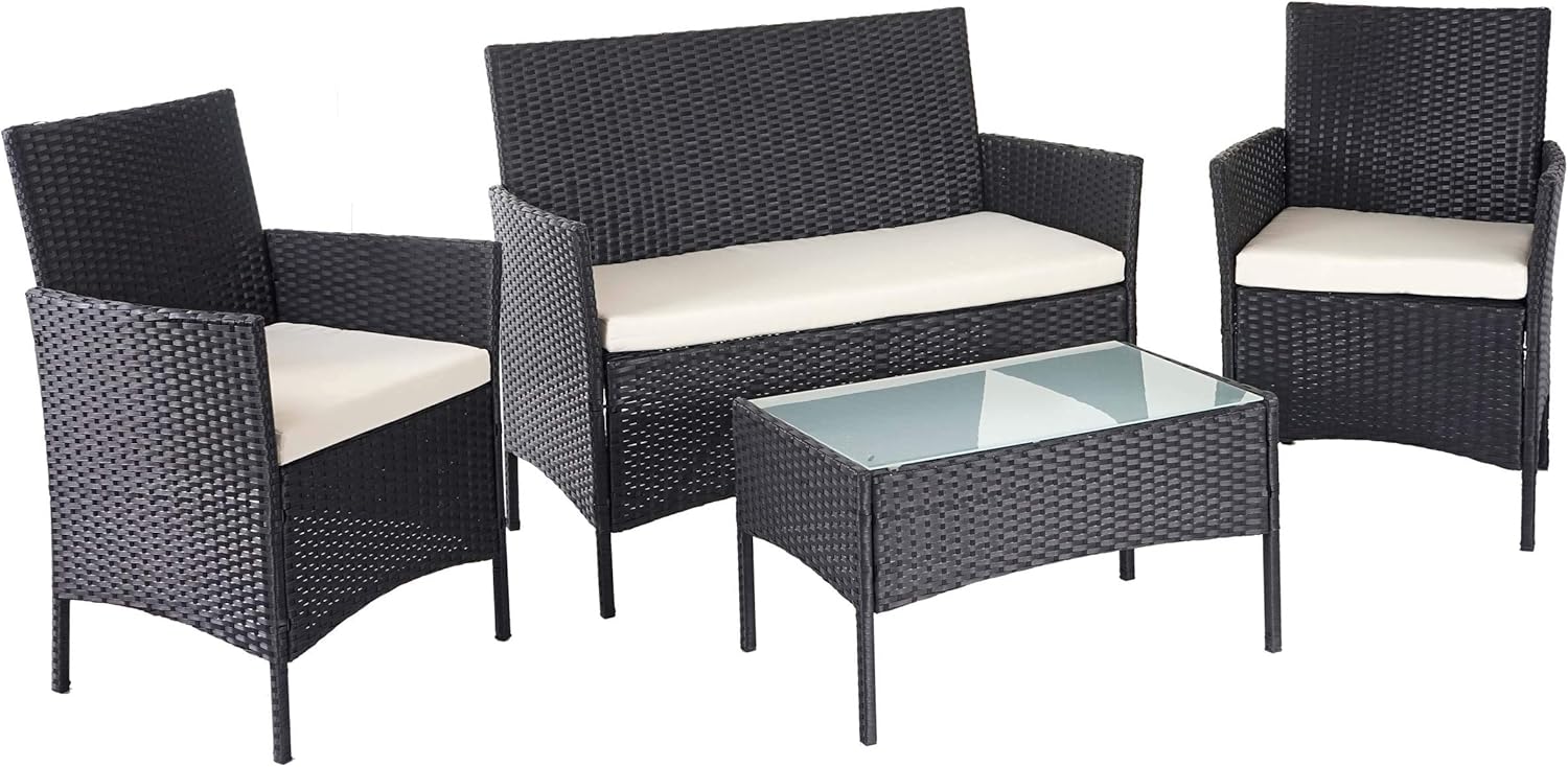 Conjunto de jardín HWC D82 de polirratán - negro con cojines crema - salón exterior 84 x 106 x 52 cm-Soviaialoft