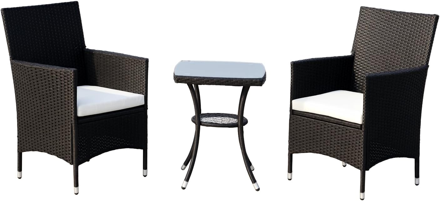 Outsunny Conjunto de Muebles de Jardín de Ratán - 2 Sillones con Cojines y Mesa Auxiliar - Estructura Metálica para Terraza Patio y Balcón - Diseño Moderno Negro-Soviaialoft