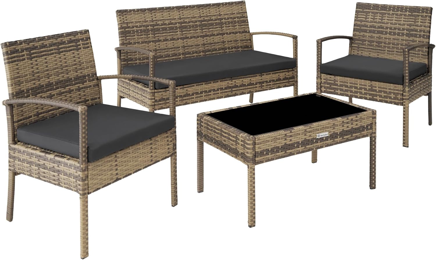Conjunto de jardín TecTake ratán y aluminio - natural marrón - 2 sillones sofá mesa de cristal y cojines de 5,5 cm-Soviaialoft