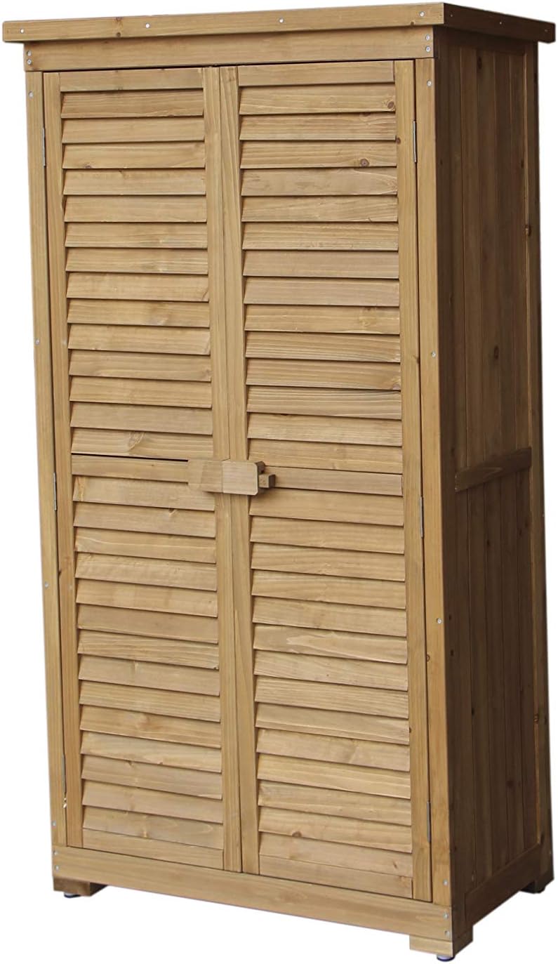 Armario Caseta de Jardín Exterior de Madera 87x46,5x160 cm - Acabado Natural - Puertas Tipo Contraventana - Almacenamiento para Herramientas de Jardín-Soviaialoft