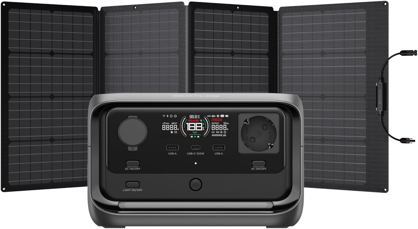 EcoFlow RIVER 3 Plus - Estación de Energía Portátil 286Wh LFP con Panel Solar 160W - Generador Solar 1200W con 7 Puertos para Camping Exterior y Respaldo Doméstico-Soviaialoft