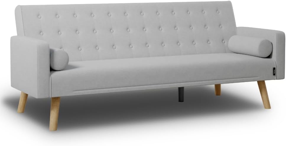 Sofá Cama Chaise Longue de 3 Plazas - Apertura Clic Clac - Incluye 2 Cojines - Gris Claro 203x82x78 cm-Soviaialoft