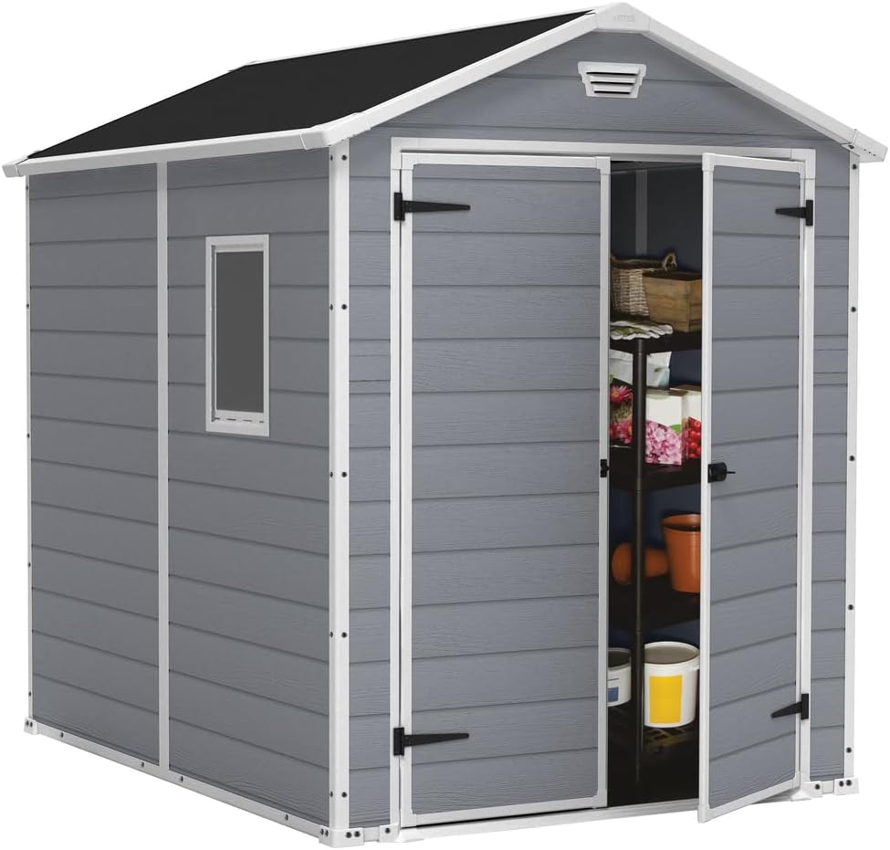Caseta de Jardín Exterior de Resina 227x185,8x237 cm - Gris - Polipropileno Reforzado - Cobertizo de Almacenaje Impermeable - Estructura Metálica Interior-Soviaialoft